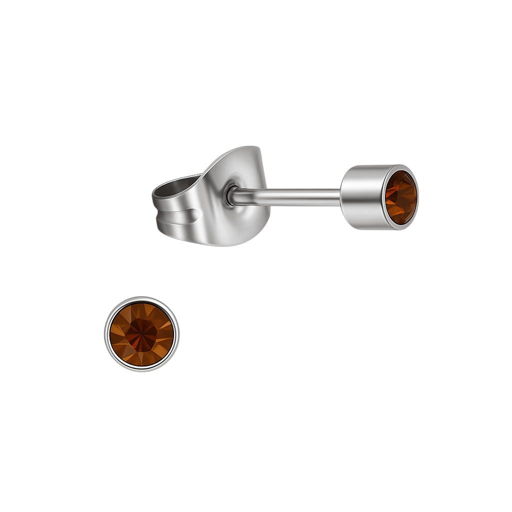 Mini oorstekers topaasbruin kristal &acirc;&euro;&ldquo; 3mm RVS -