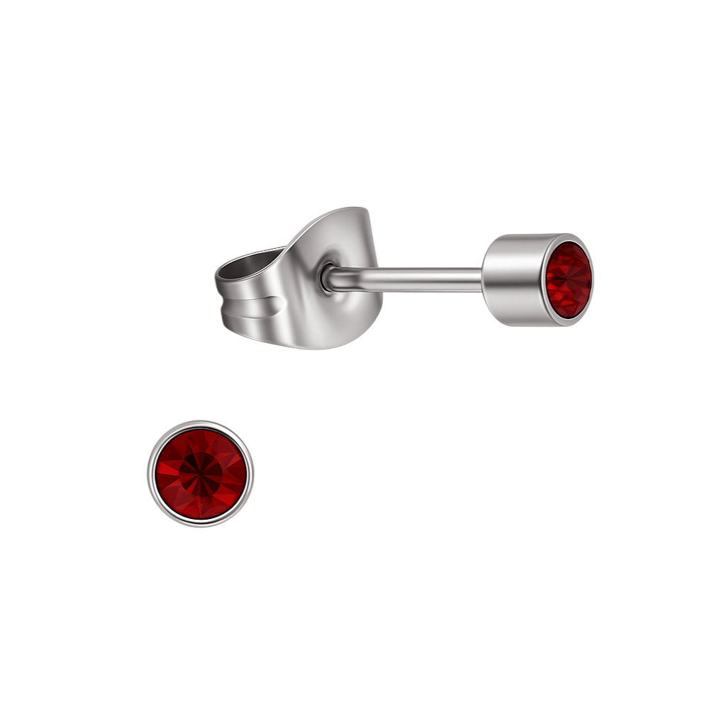 Mini oorstekers granaatrood kristal &acirc;&euro;&ldquo; 3mm RVS -