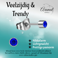 Mini kristal oorstekers blauw &acirc;&euro;&ldquo; 3mm zilverkleur -