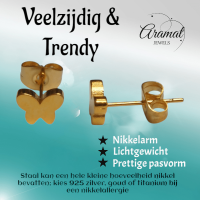 Vlinder oorstekers goudkleur 7x5mm &acirc;&euro;&ldquo; RVS -