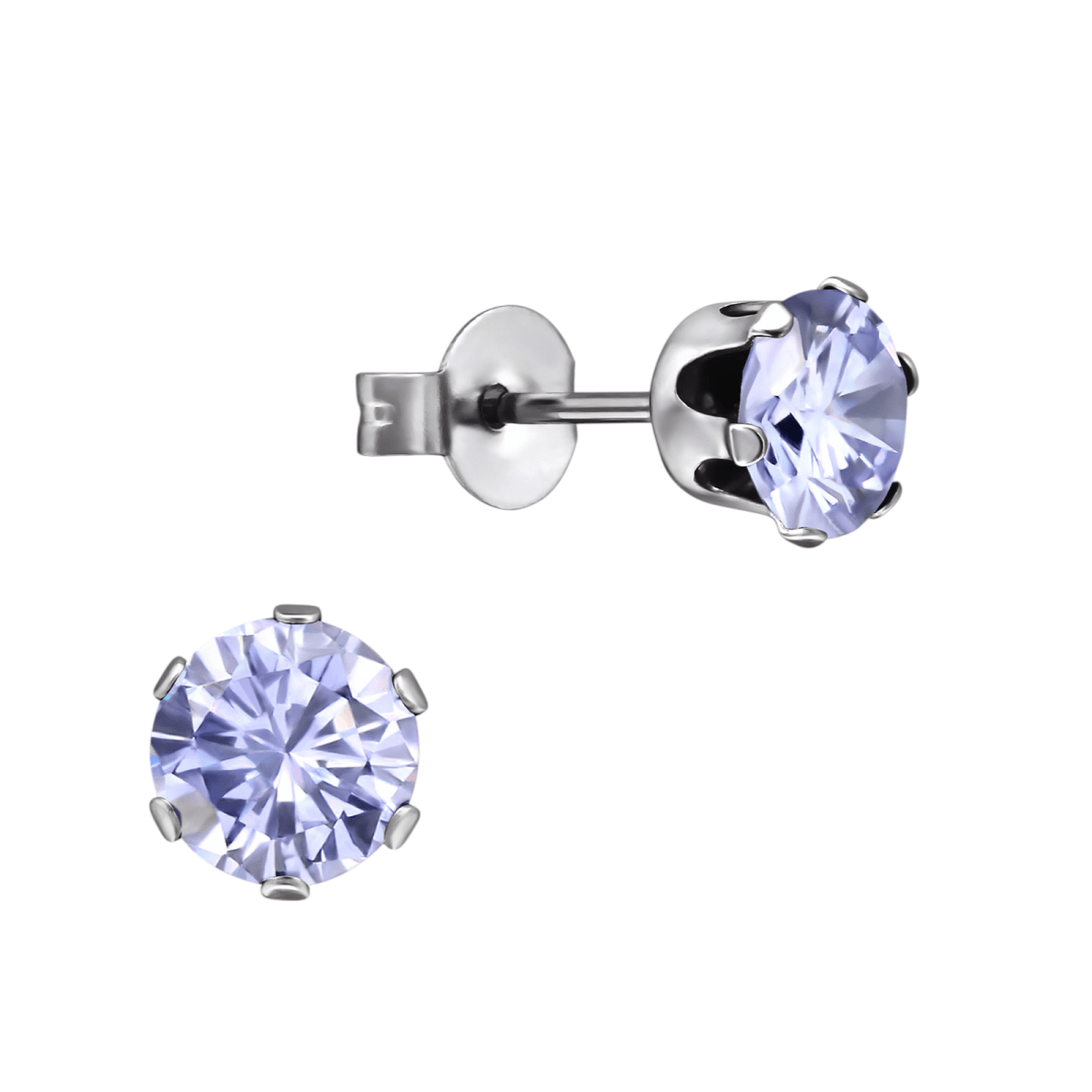 Zilverkleurige Zirkonia Oorbellen 6mm Lila -