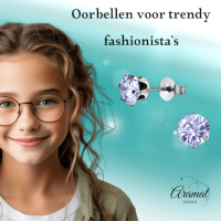 Zilverkleurige Zirkonia Oorbellen 6mm Lila -