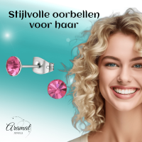 Stalen Kristal Oorbellen met roze steentje &acirc;&euro;&ldquo; Zilverkleur &acirc;&euro;&ldquo; 5mm