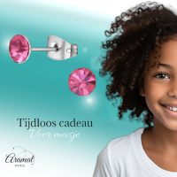 Stalen Kristal Oorbellen met roze steentje &acirc;&euro;&ldquo; Zilverkleur &acirc;&euro;&ldquo; 5mm