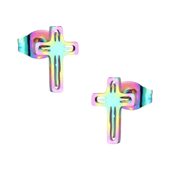 Stalen Oorbellen kruisje &acirc;&euro;&ldquo; Multikleur &acirc;&euro;&ldquo; 10x7mm -
