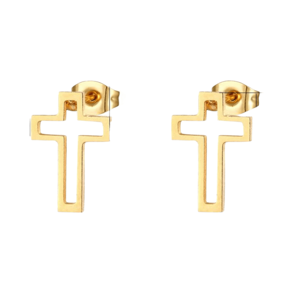 Stalen Oorbellen met opengewerkt kruisje &acirc;&euro;&ldquo; Goudkleur &acirc;&euro;&ldquo; 10x7mm 
