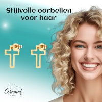 Stalen Oorbellen met opengewerkt kruisje &acirc;&euro;&ldquo; Goudkleur &acirc;&euro;&ldquo; 10x7mm 