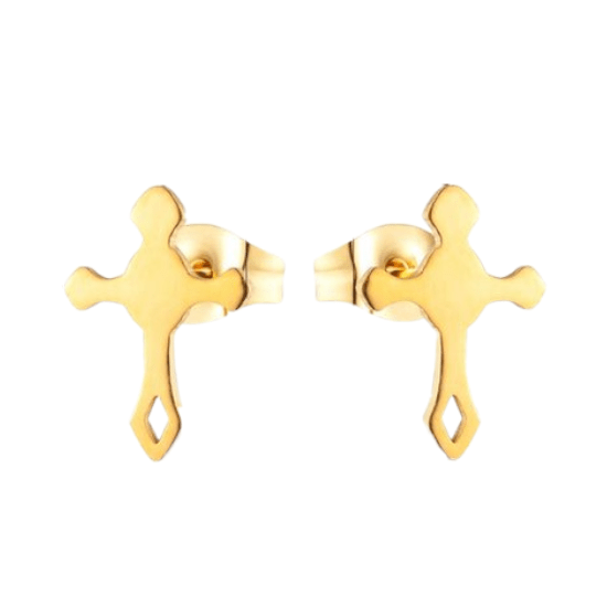 Stalen Hartjes Oorbellen met kruisje &acirc;&euro;&ldquo; Goudkleur &acirc;&euro;&ldquo; 11x7mm -