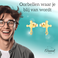 Stalen Hartjes Oorbellen met kruisje &acirc;&euro;&ldquo; Goudkleur &acirc;&euro;&ldquo; 11x7mm -