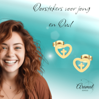 Stalen Hartjes Oorbellen met kruisje &acirc;&euro;&ldquo; Goudkleur &acirc;&euro;&ldquo; 9mm - Heren