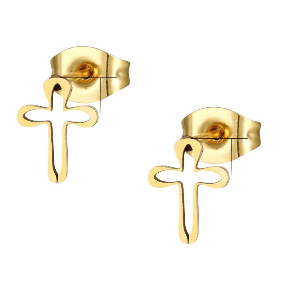 Stalen Oorbellen met open kruisje &acirc;&euro;&ldquo; Goudkleur &acirc;&euro;&ldquo; 10x8mm -
