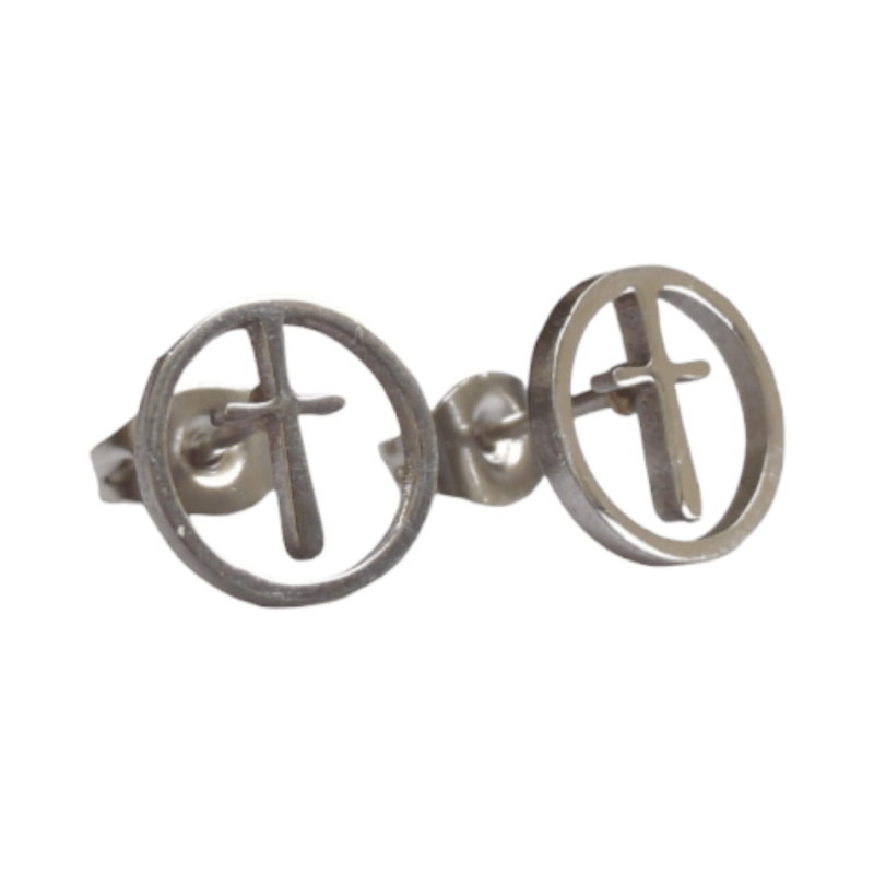 Stalen ronde oorbellen met kruisje &acirc;&euro;&ldquo; Zilverkleur &acirc;&euro;&ldquo; 10mm -