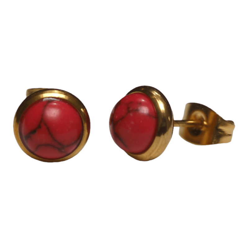Goudkleurige oorbellen met rode gemarmerde steen 8mm -