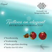 Goudkleurige oorbellen met rode gemarmerde steen 8mm -