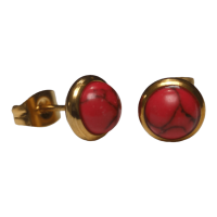 Goudkleurige oorbellen met rode gemarmerde steen 8mm -