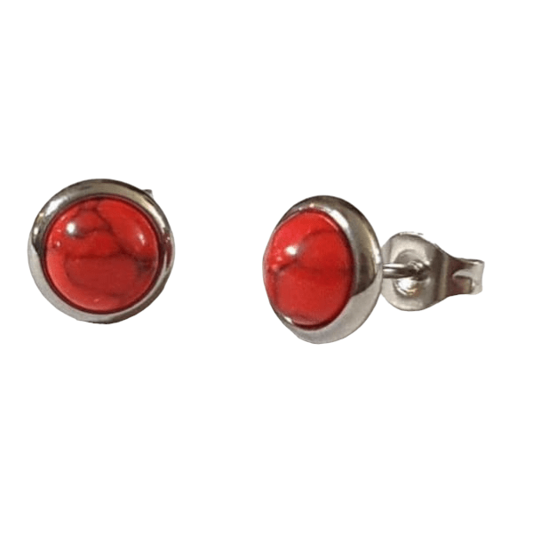 Stalen oorbellen rood gemarmerd 8mm zilverkleur -