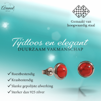 Stalen oorbellen rood gemarmerd 8mm zilverkleur -