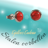 Stalen oorbellen rood gemarmerd 8mm zilverkleur -
