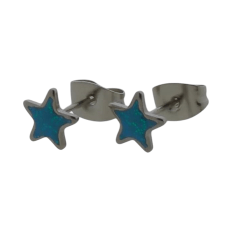 Zilverkleurige Ster Oorbellen Blauw Glitter -
