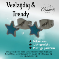 Zilverkleurige Ster Oorbellen Blauw Glitter -