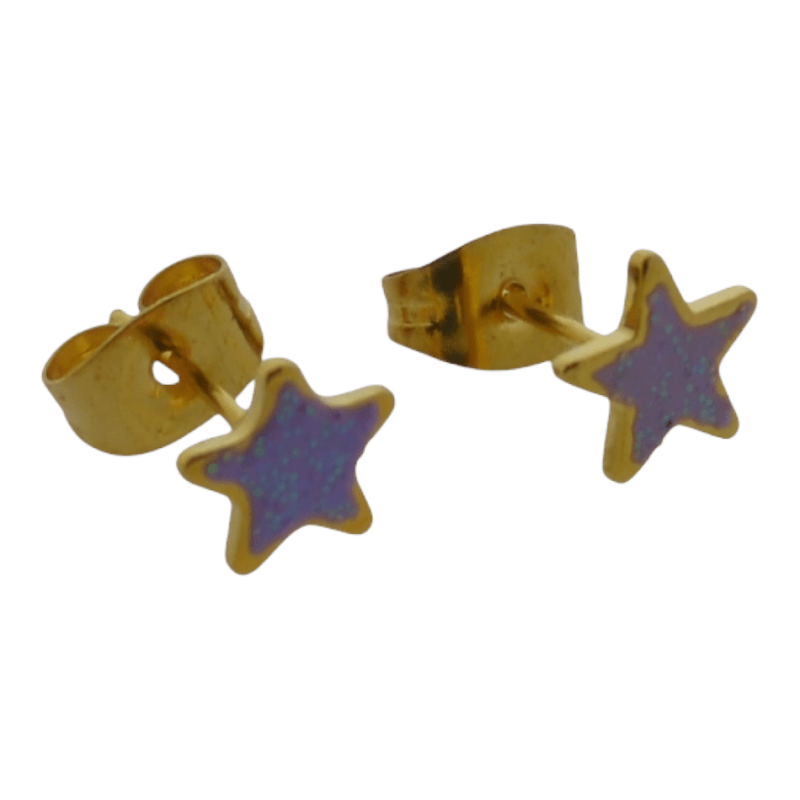 Goudkleurige Ster Oorbellen met Lila Glitters -