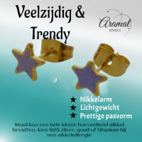 Goudkleurige Ster Oorbellen met Lila Glitters -