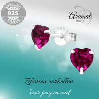 Zilveren Hartjes Oorstekers Fuchsia 5 mm -
