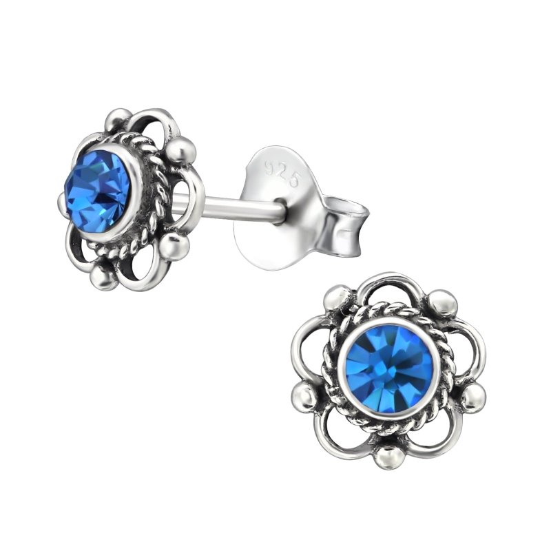 Zilveren Bloemoorbellen Blauw 7 mm -