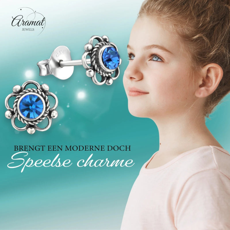 Zilveren Bloemoorbellen Blauw 7 mm -
