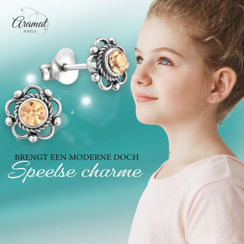 Zilveren Bloemoorbellen Oranje 7 mm -