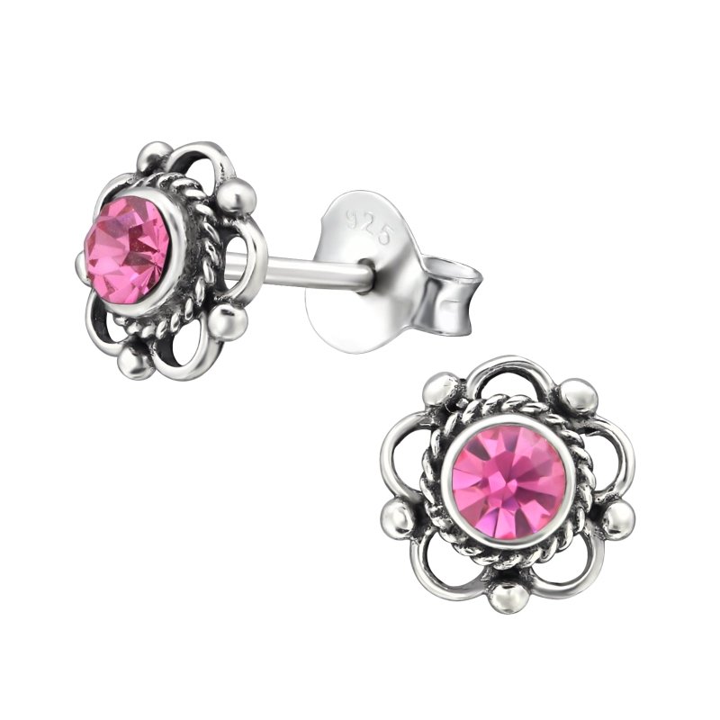 Zilveren Bloemoorbellen Roze 7 mm -