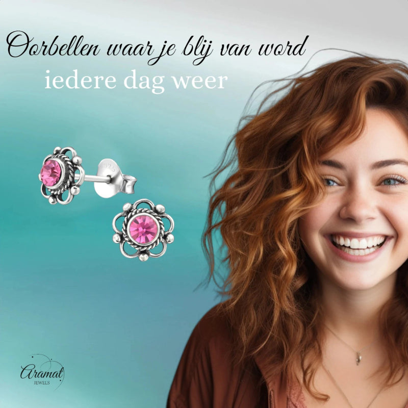 Zilveren Bloemoorbellen Roze 7 mm -