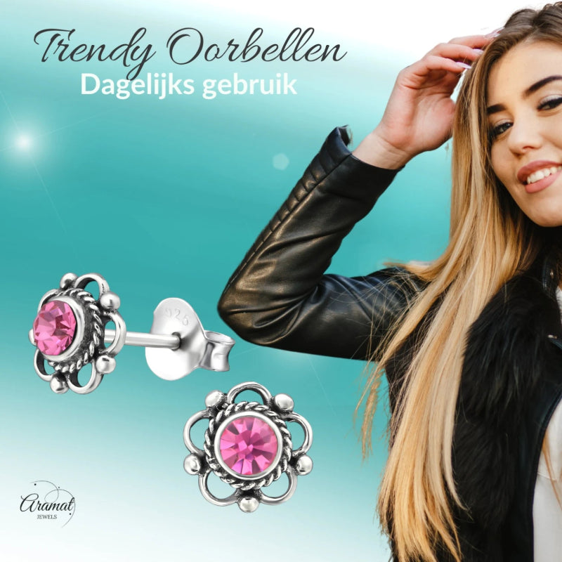 Zilveren Bloemoorbellen Roze 7 mm -
