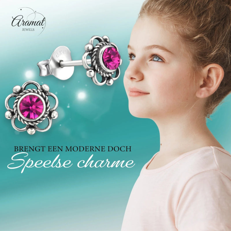Zilveren Bloemoorbellen Fuchsia 7mm -