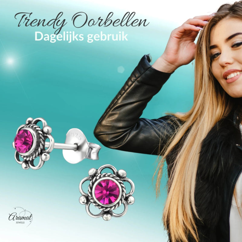 Zilveren Bloemoorbellen Fuchsia 7mm -