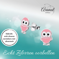 Zilveren Uiltjes Oorbellen Roze 9x6 mm -