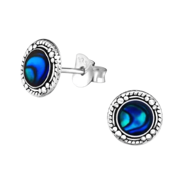 Zilveren Blauwe Abalone Oorbellen 8 mm -