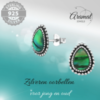 Zilveren Groen Abalone Oorbellen 12x9 mm -