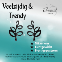 Zwarte Blaadjes Oorbellen RVS - 10x7 mm -