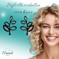 Zwarte Blaadjes Oorbellen RVS - 10x7 mm -