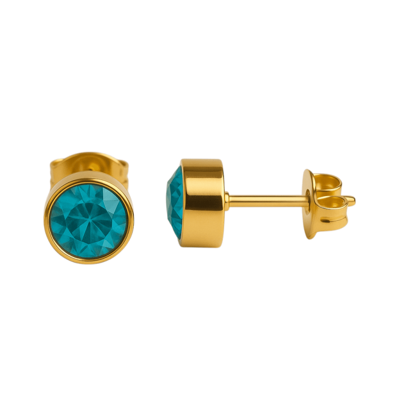 Aqua Blauwe Oorstekers 6mm &acirc;&euro;&ldquo; Goudkleurig RVS -