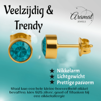 Aqua Blauwe Oorstekers 6mm &acirc;&euro;&ldquo; Goudkleurig RVS -