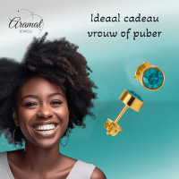 Aqua Blauwe Oorstekers 6mm &acirc;&euro;&ldquo; Goudkleurig RVS -