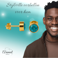 Aqua Blauwe Oorstekers 6mm &acirc;&euro;&ldquo; Goudkleurig RVS -