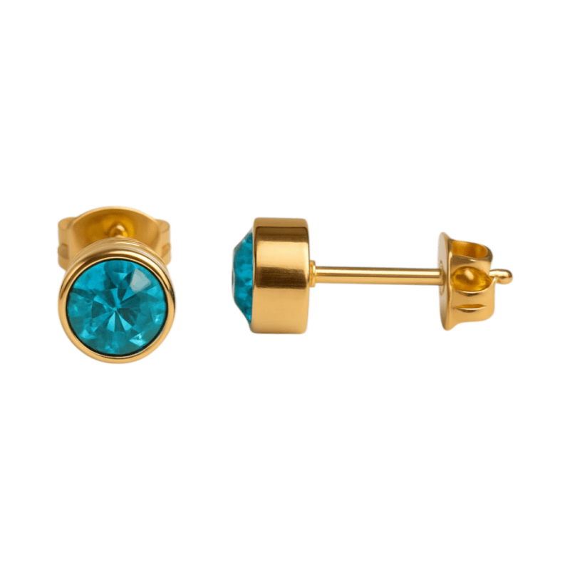 Goudkleurige Oorstekers 5mm - Aqua Blauw Kristal -
