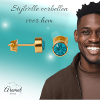 Goudkleurige Oorstekers 5mm - Aqua Blauw Kristal -