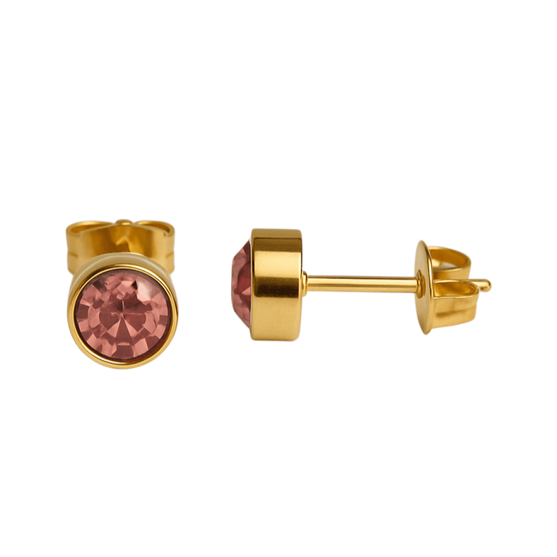 Goudkleurige Oorstekers 6mm - Lichtroze Kristal -