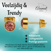 Goudkleurige Oorstekers 6mm - Lichtroze Kristal -