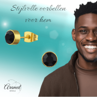 Goudkleurige Oorstekers 6mm - Zwart Kristal -