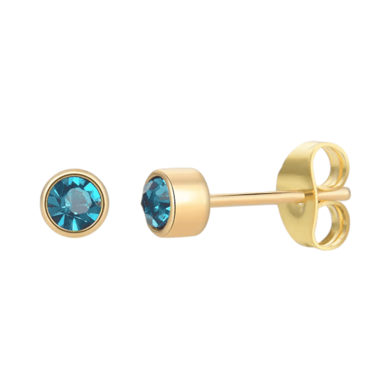 Goudkleurige Oorstekers 4mm - Zeeblauw Kristal -